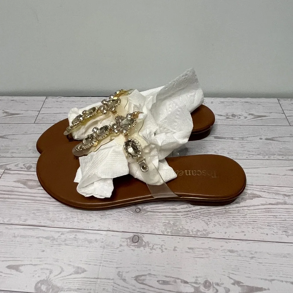 Toscanella Womens Brown Crystal Embellished Clear T-Strap Flat Sandals Size 8
